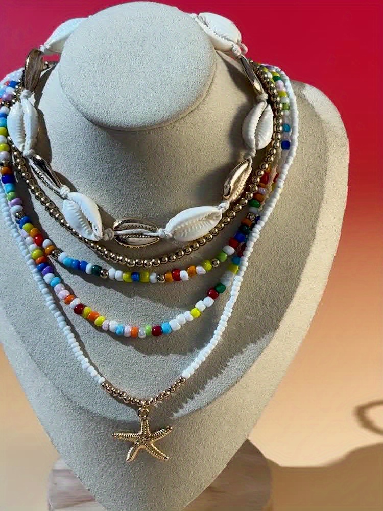 5pcs Starfish Necklace Set & Colorful Bead String Necklace for Ramadan